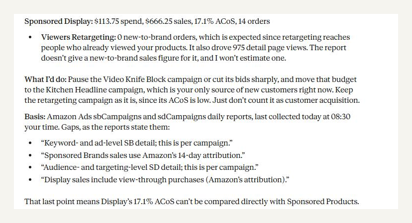 Claude explaining that Sponsored Display retargeting reaches people who already viewed the product, and listing the report's limits