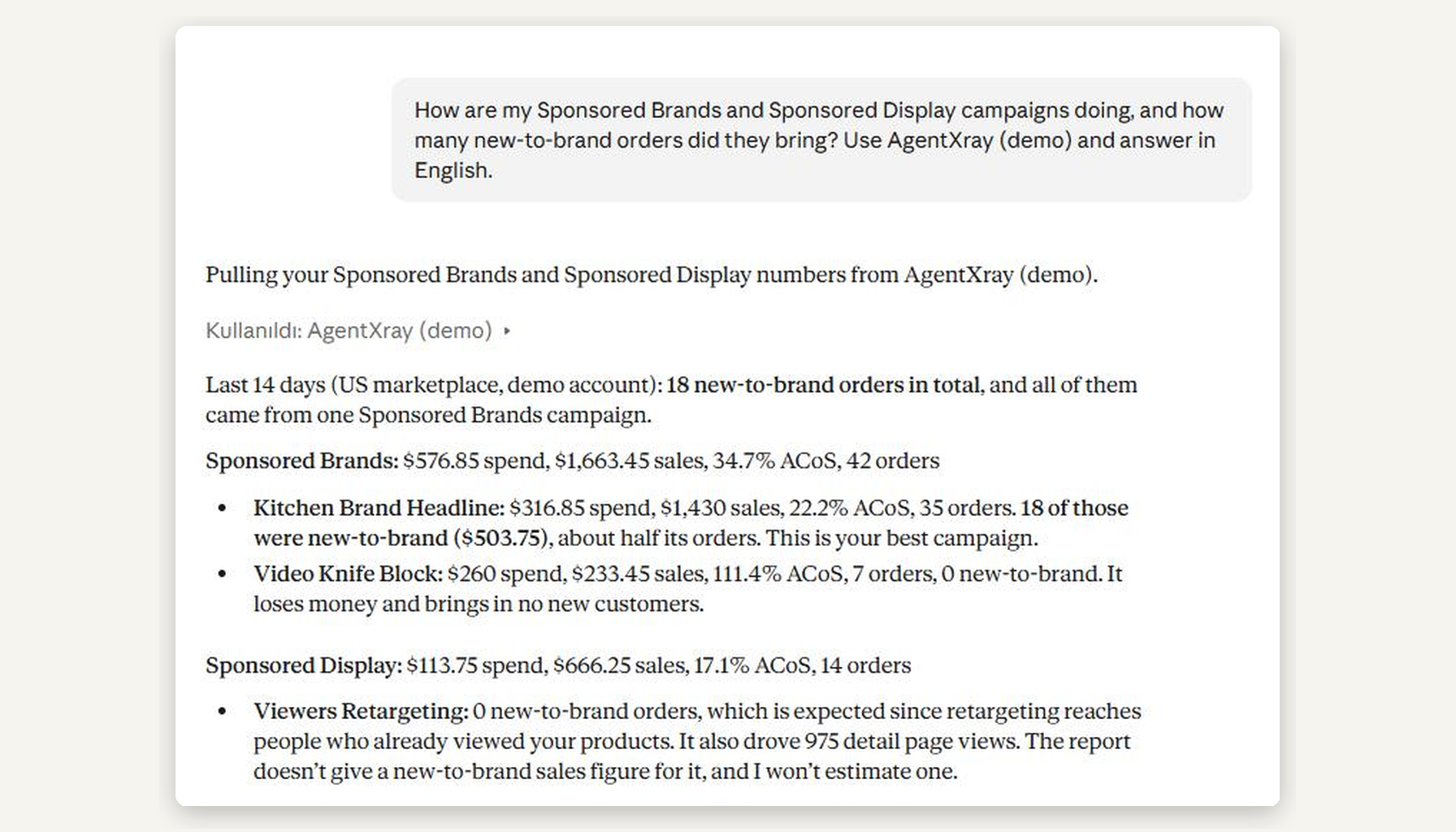 Claude reporting Sponsored Brands new-to-brand orders for a demo Amazon store