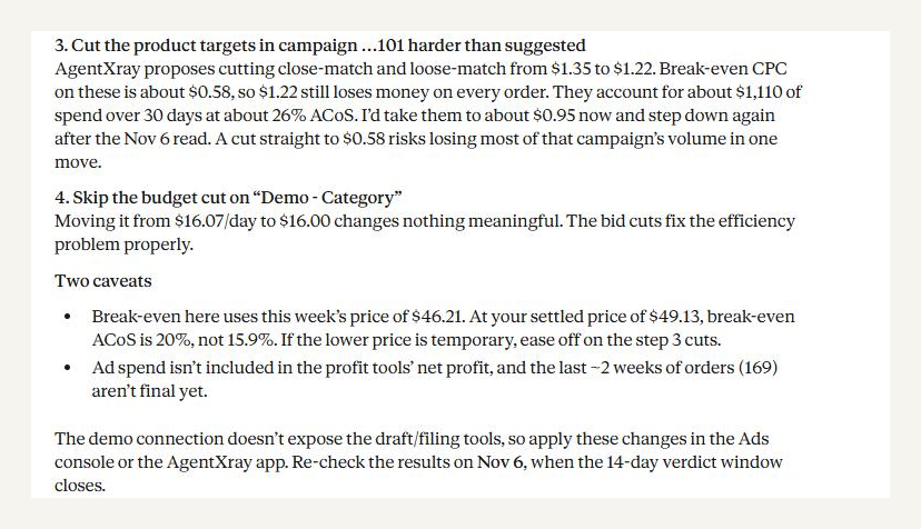 The rest of Claude's answer: the product-target cut, the skipped budget move, and two caveats about price and data