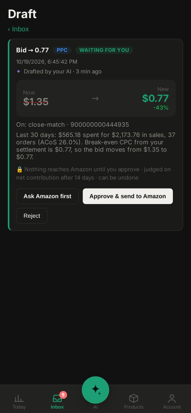 AgentXray phone app: approving an AI-drafted Amazon bid change, now $1.35, new $0.77
