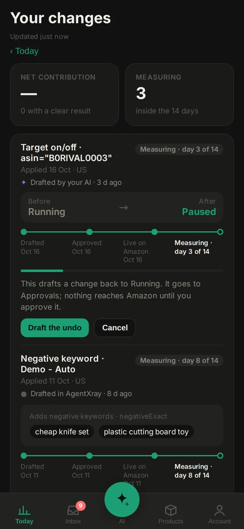 AgentXray phone app: undo of a paused Amazon ad target, drafting it back to Running